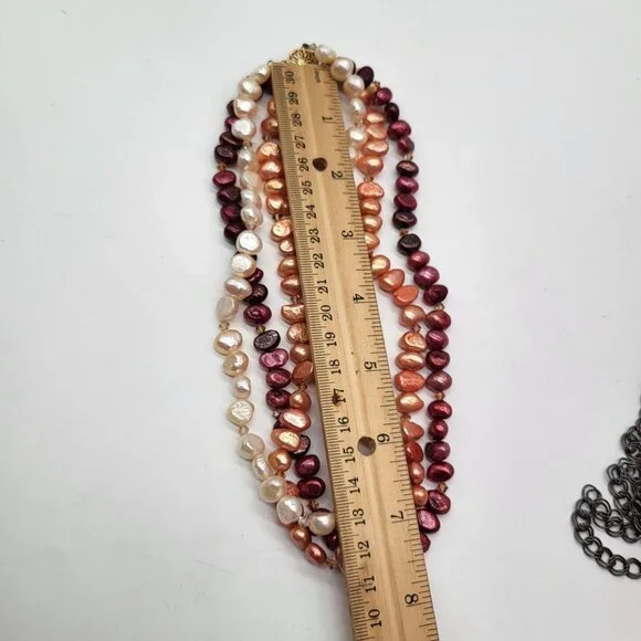 VTG 14/20 Gold Filled Clasp 3 Strand Red Peach Cream Pearl Statement Necklace - Picture 8 of 9
